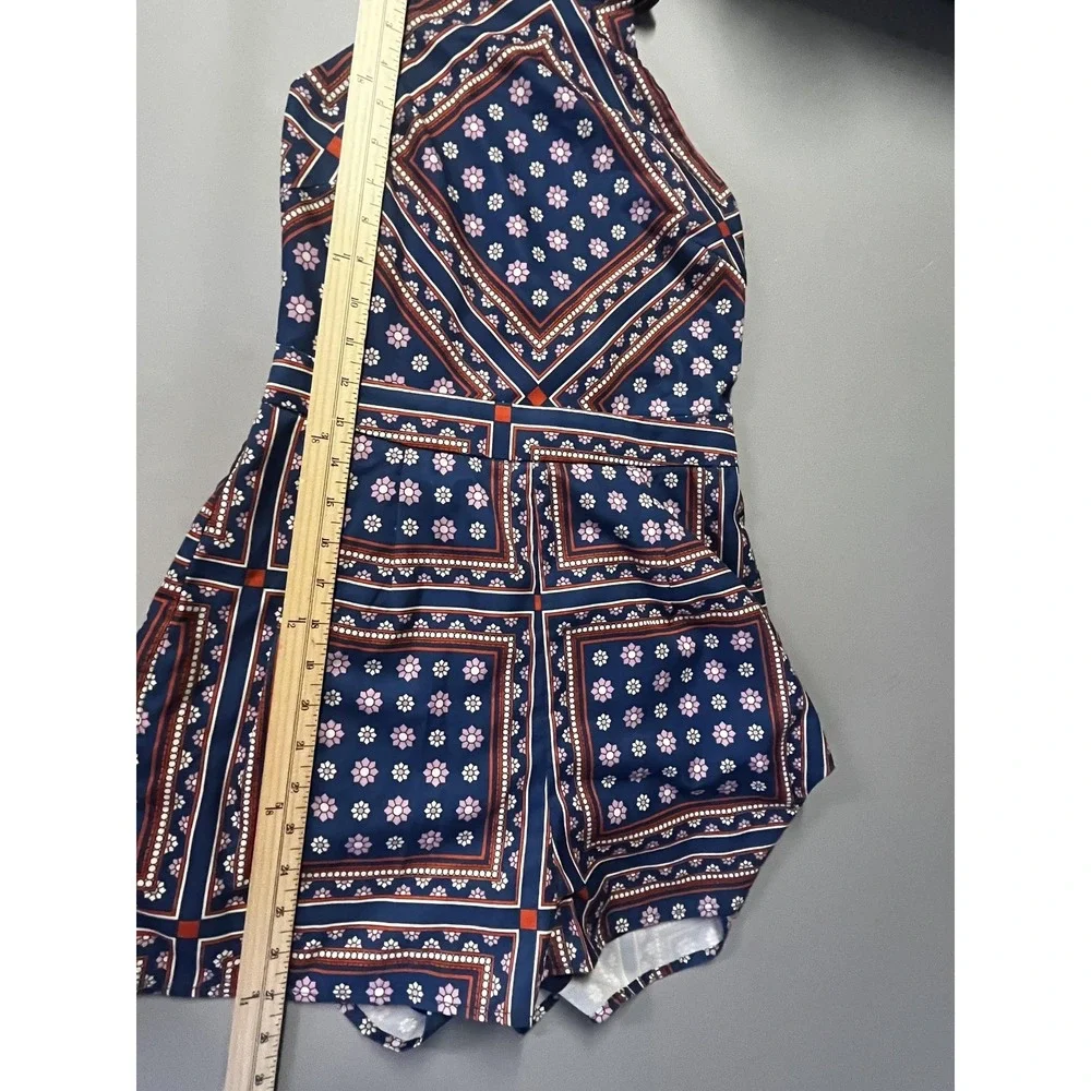 Lulus Blanca Romper Womens‎ XS Blue Geometric Floral Print Halter Lined Summer
